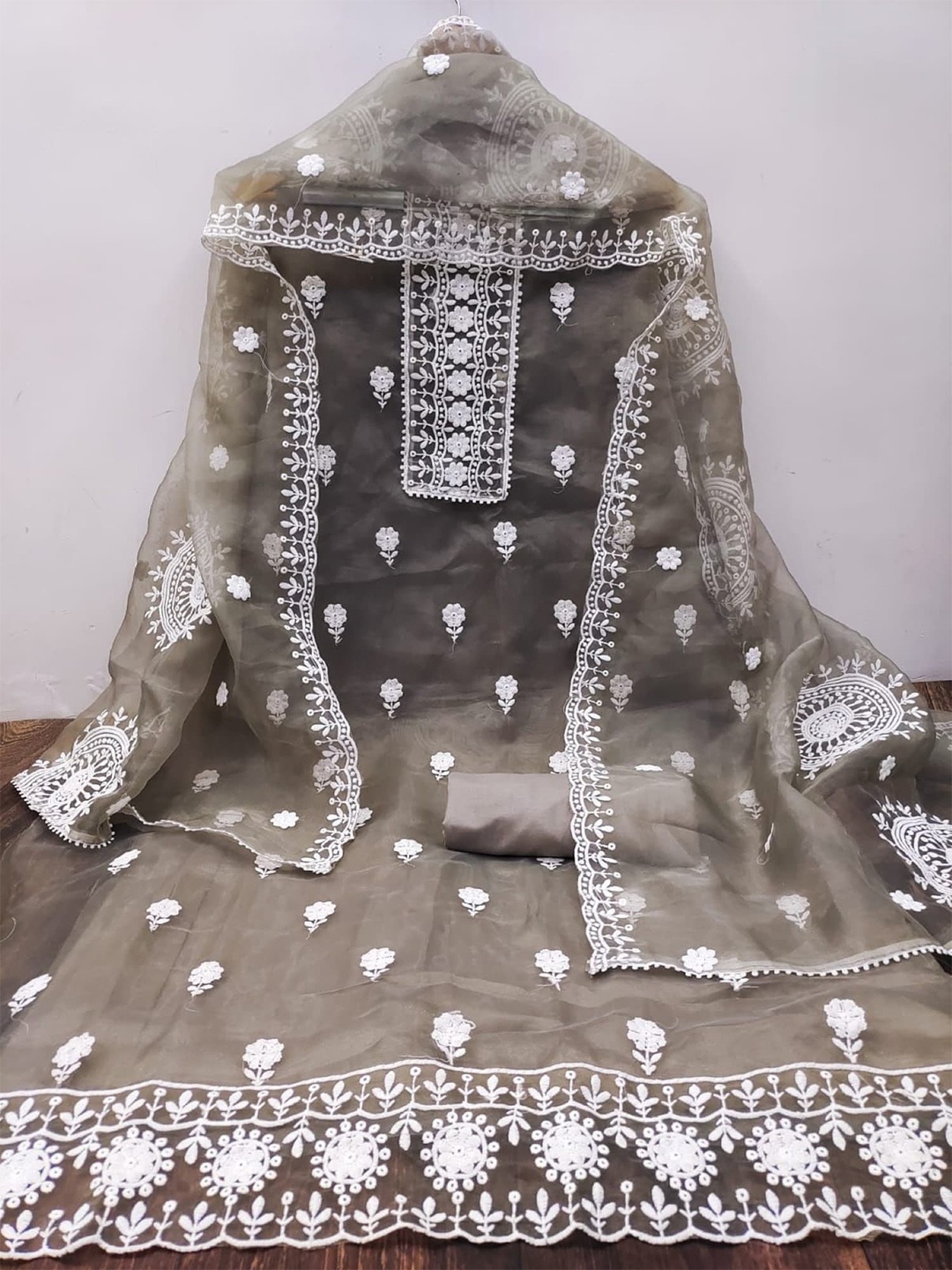 

KALINI Embroidered Organza Unstitched Dress Material, Grey