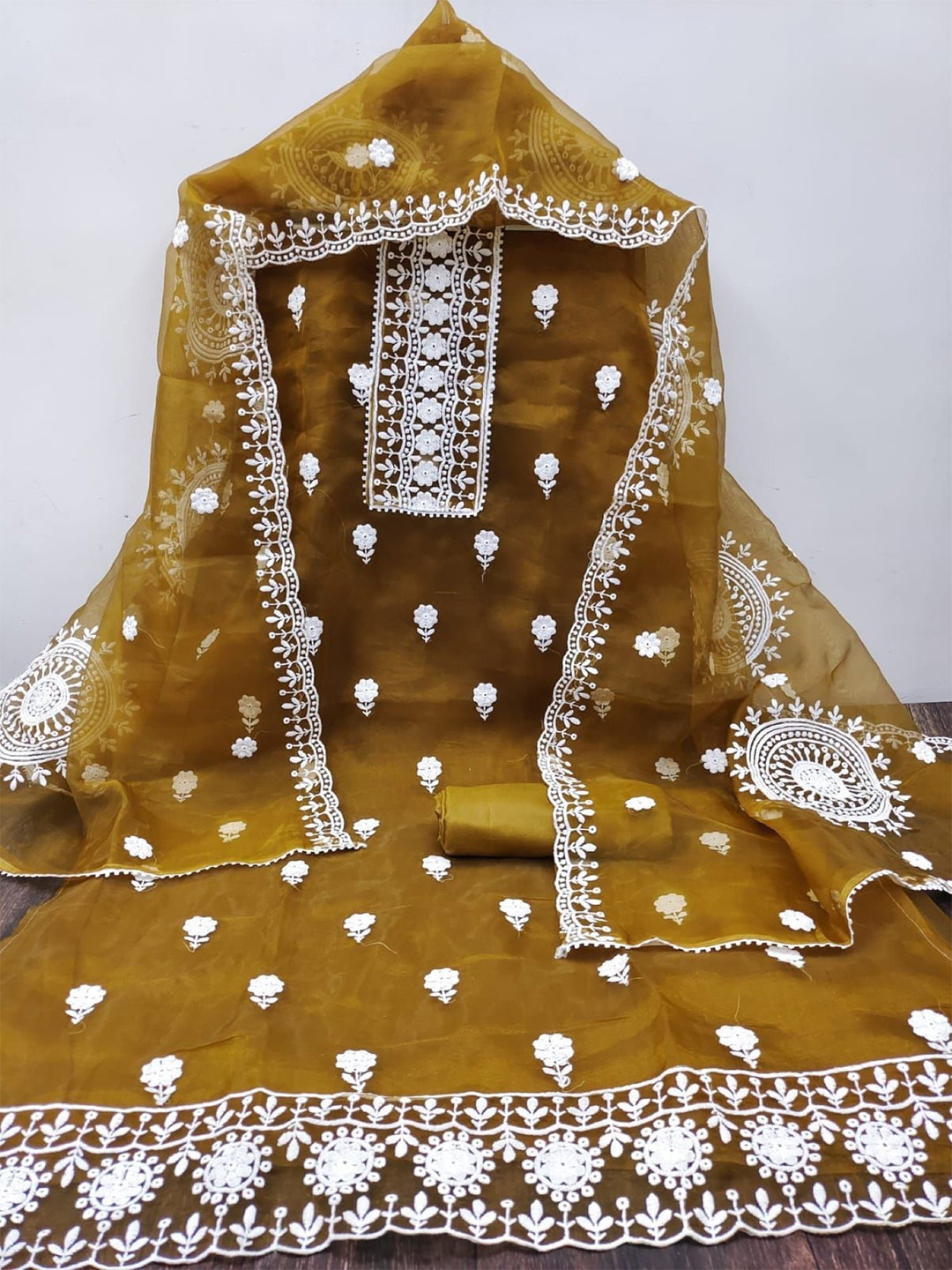 

KALINI Embroidered Organza Unstitched Dress Material, Mustard