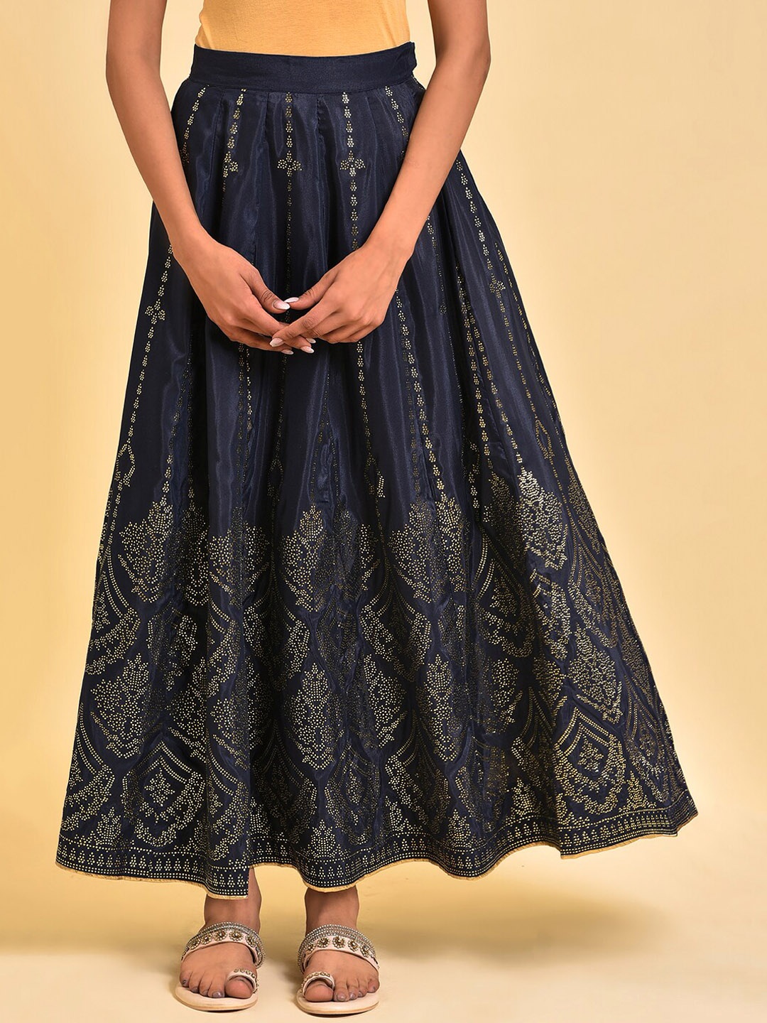 

W Navy Blue Embellished Flared Maxi Skirt