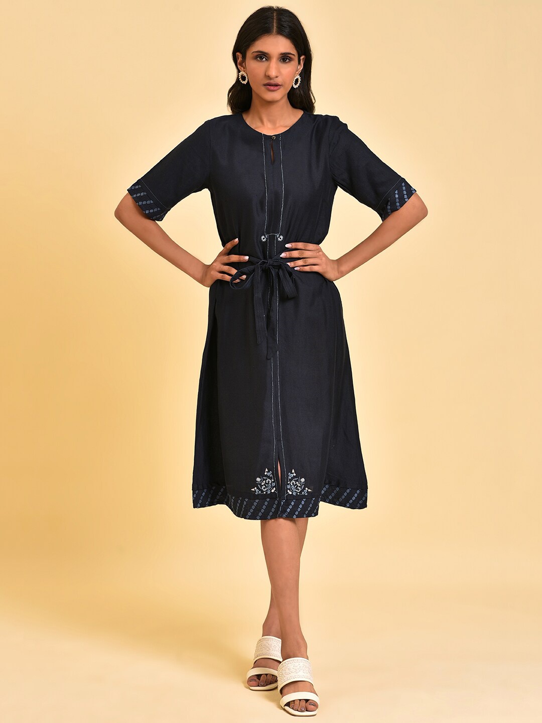 

W Blue Keyhole Neck Embroidered Detail A-Line Dress