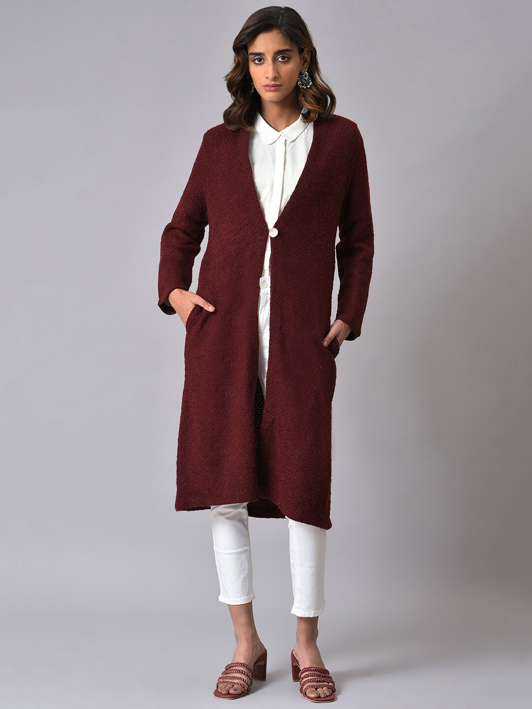 

W Women Maroon Longline Front-Open Sweater