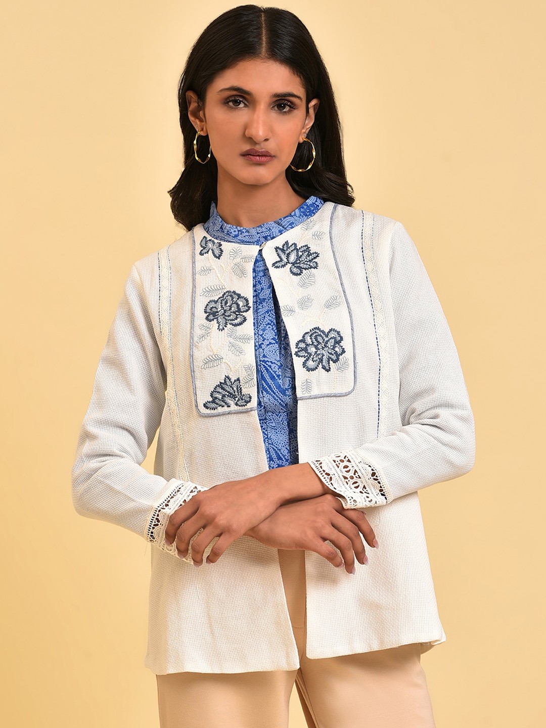 

W White & Blue Floral Embroidered Open-Front Cotton Jacket