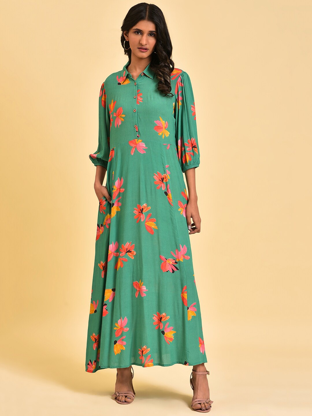 

W Green Floral Printed Shirt Collar Maxi Dress