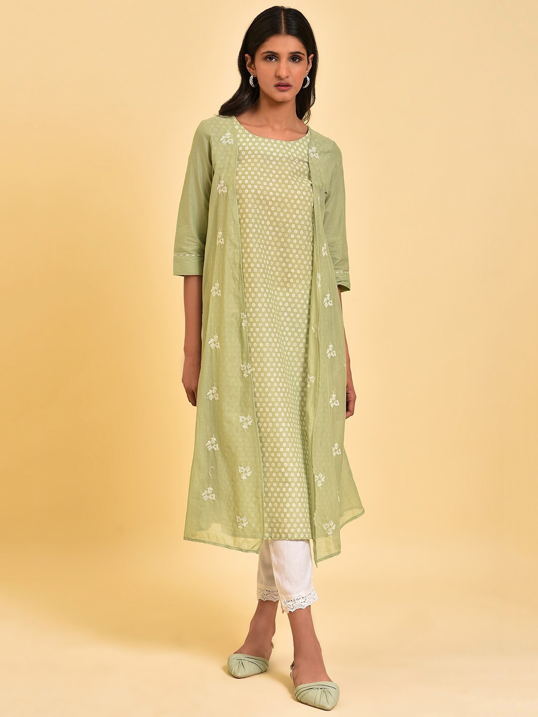 

W Green Ethnic Motifs Printed Thread Work Pure Cotton Layered Kurta