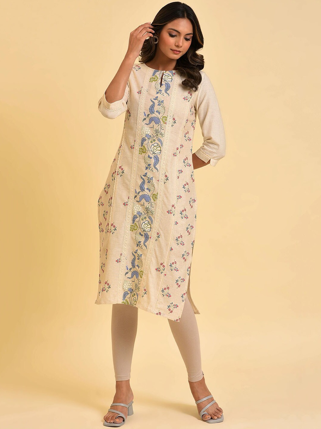 

W Beige Floral Printed Keyhole Neck Cotton Linen Kurta