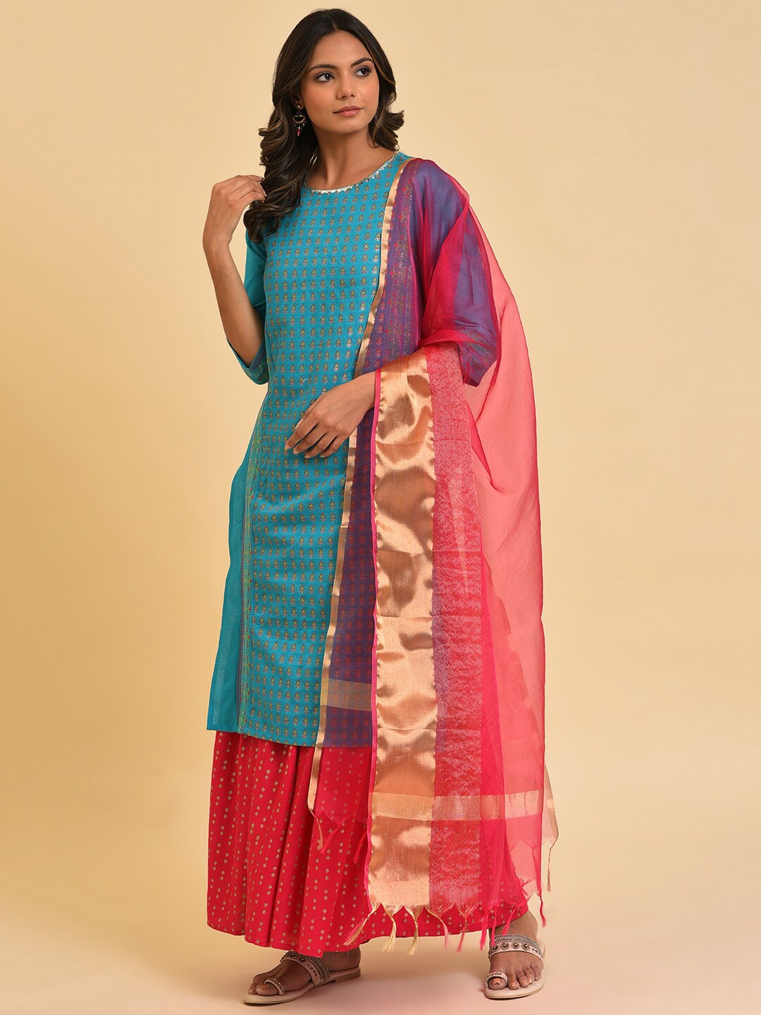 

W Pink & Gold-Toned Tasseled Zari Dupatta