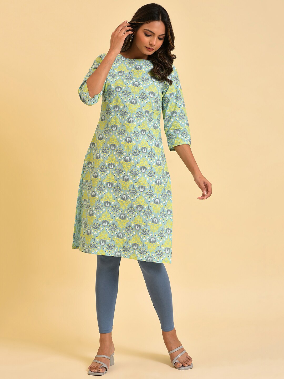 

W Green & Yellow Ethnic Motifs Printed Pure Cotton Kurta