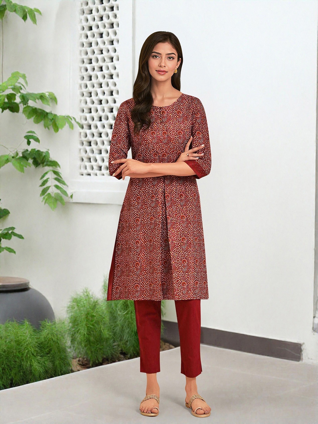 

W Red Ethnic Motifs Embroidered Patchwork Kurta