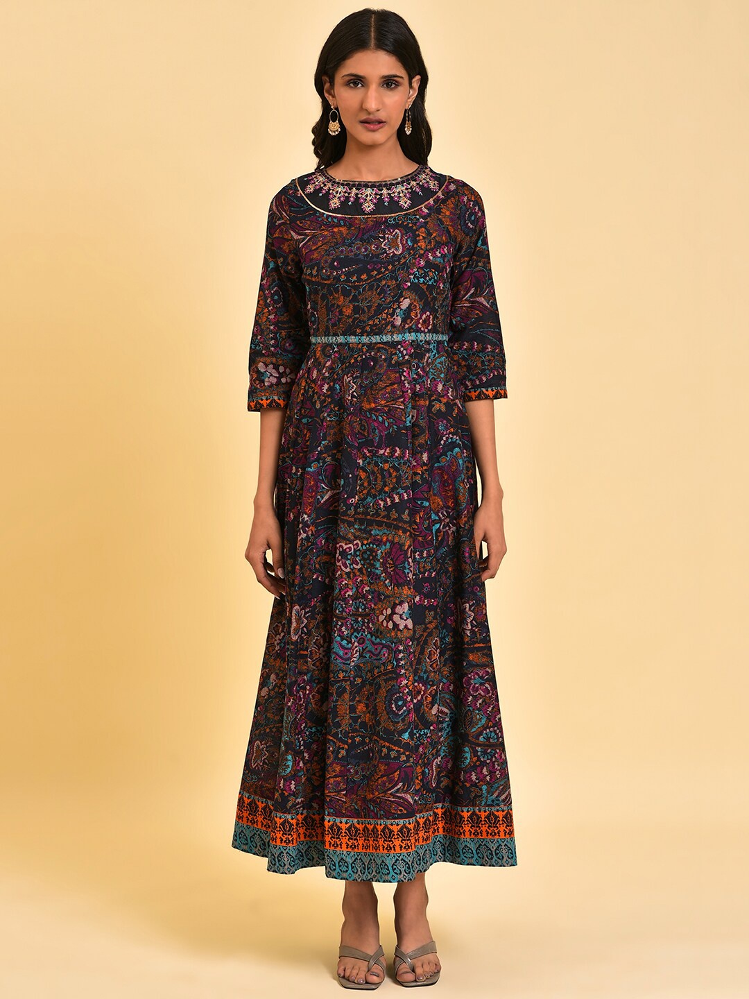 

W Blue Ethnic Motifs Printed Embroidered Cotton Maxi Ethnic Dress, Navy blue