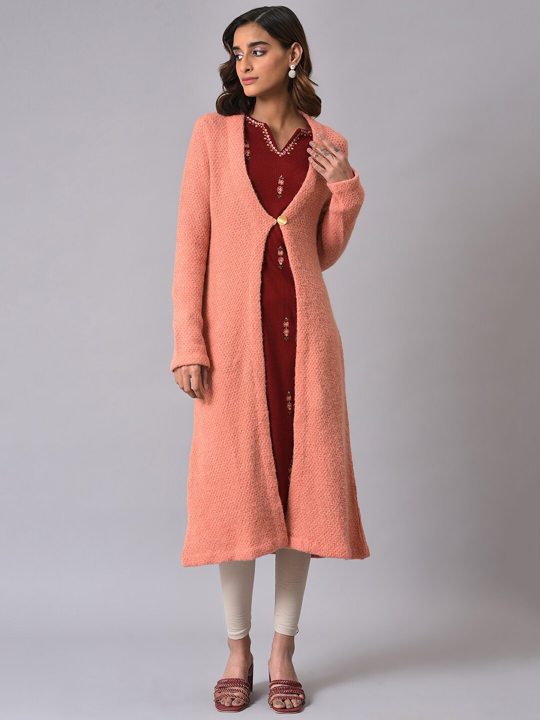 

W Pink V-Neck Longline Cardigan