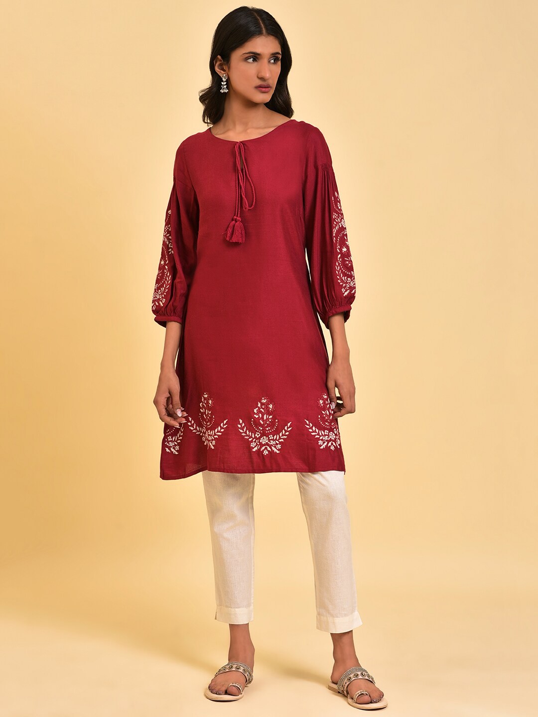 

W Red Ethnic Motifs Embroidered Kurta With Trousers