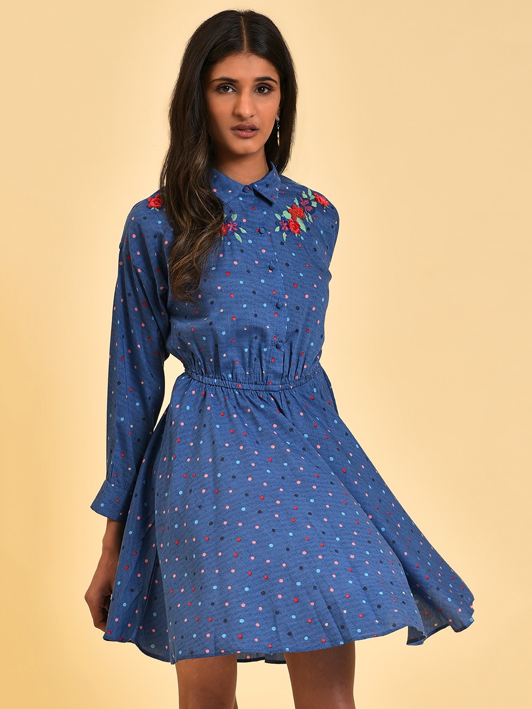 

W Blue Polka Dots Embroidered Detailed Shirt Collar Fit & Flare Dress