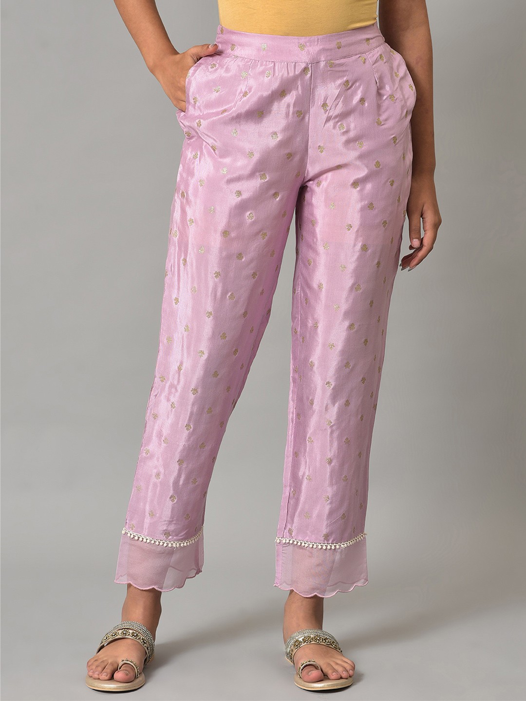 

W Women White Slim Fit Ethnic Motifs Printed Trousers, Purple