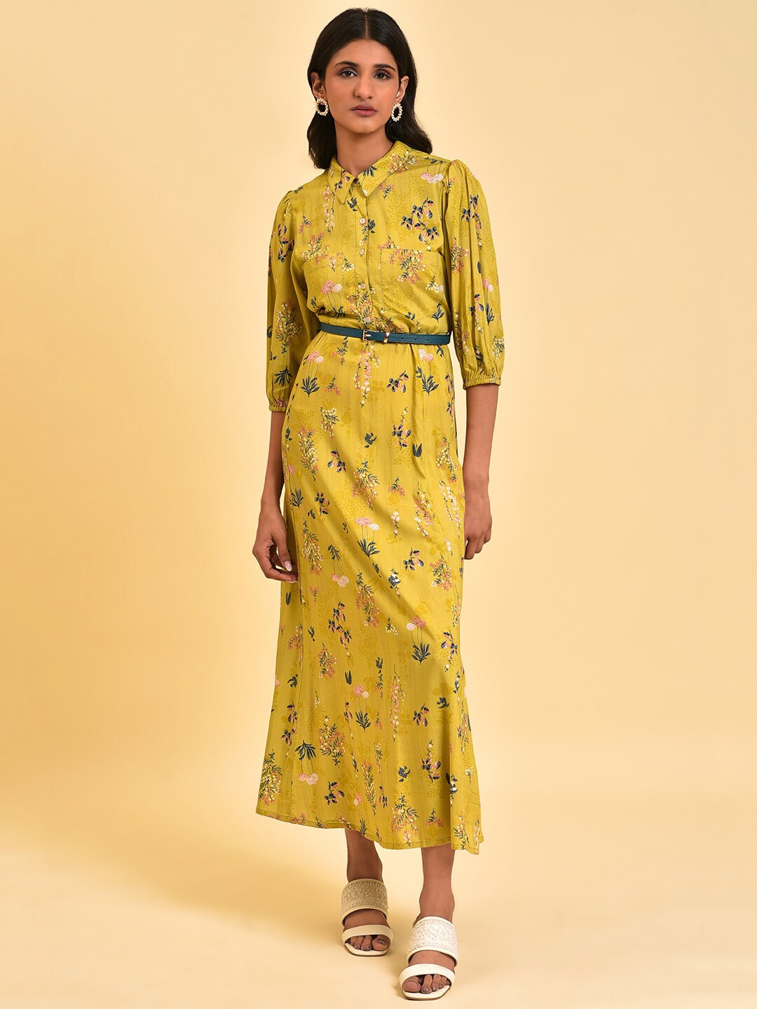 

W Green Floral Printed Shirt Collar Neck Belted A-Line Midi Dress