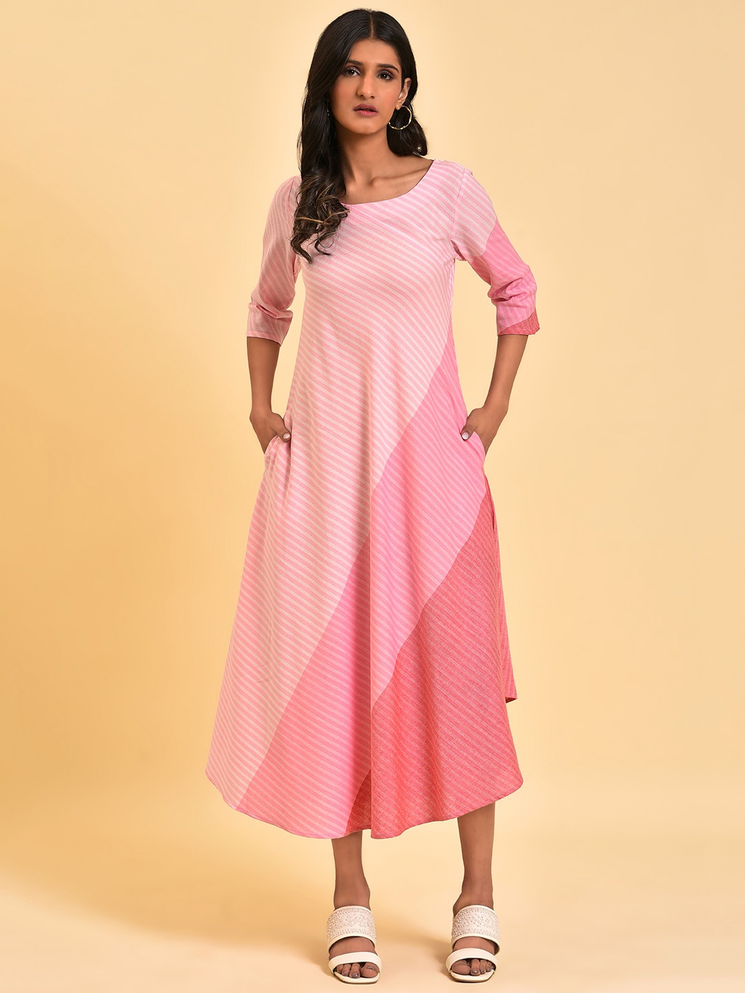 

W Pink & Peach Coloured Colourblocked A Line Pure Cotton Midi Dress