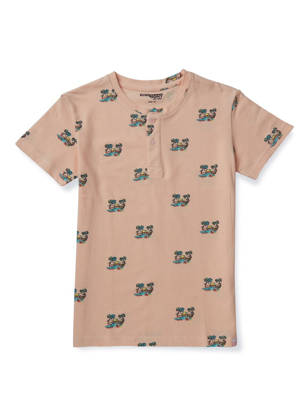 

Gini and Jony Boys Printed Henley Neck Cotton T-shirt, Peach