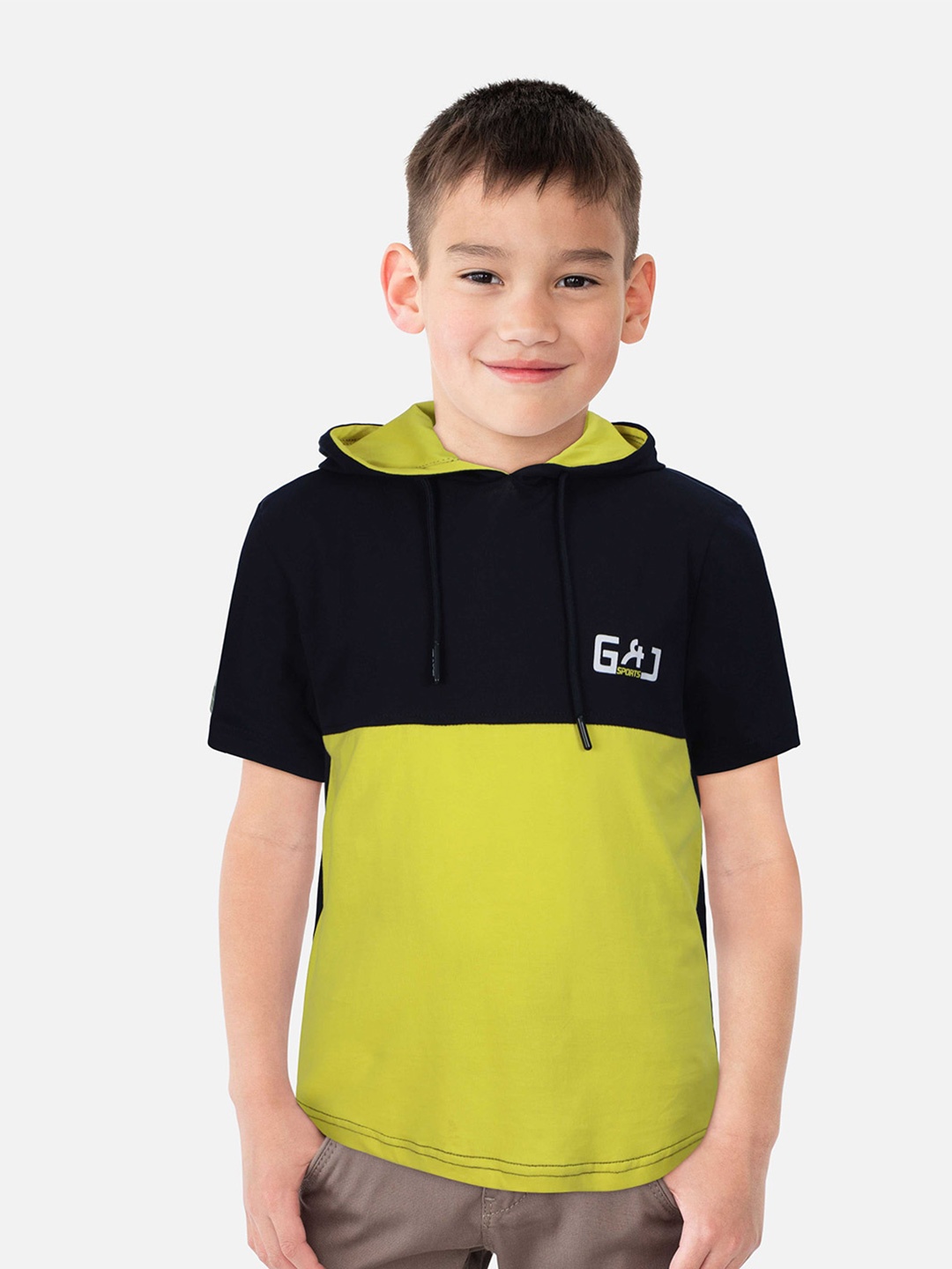

Gini and Jony Boys Colourblocked Hooded Cotton T-shirt, Lime green