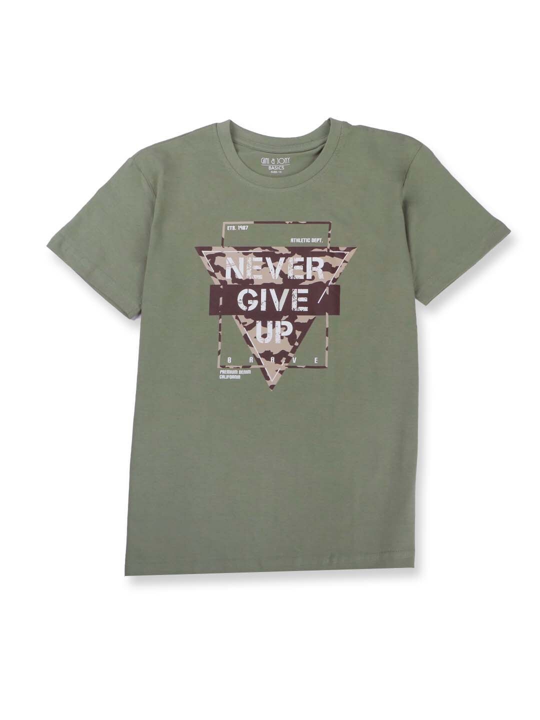 

Gini and Jony Boys Typography Printed Cotton T-shirt, Green
