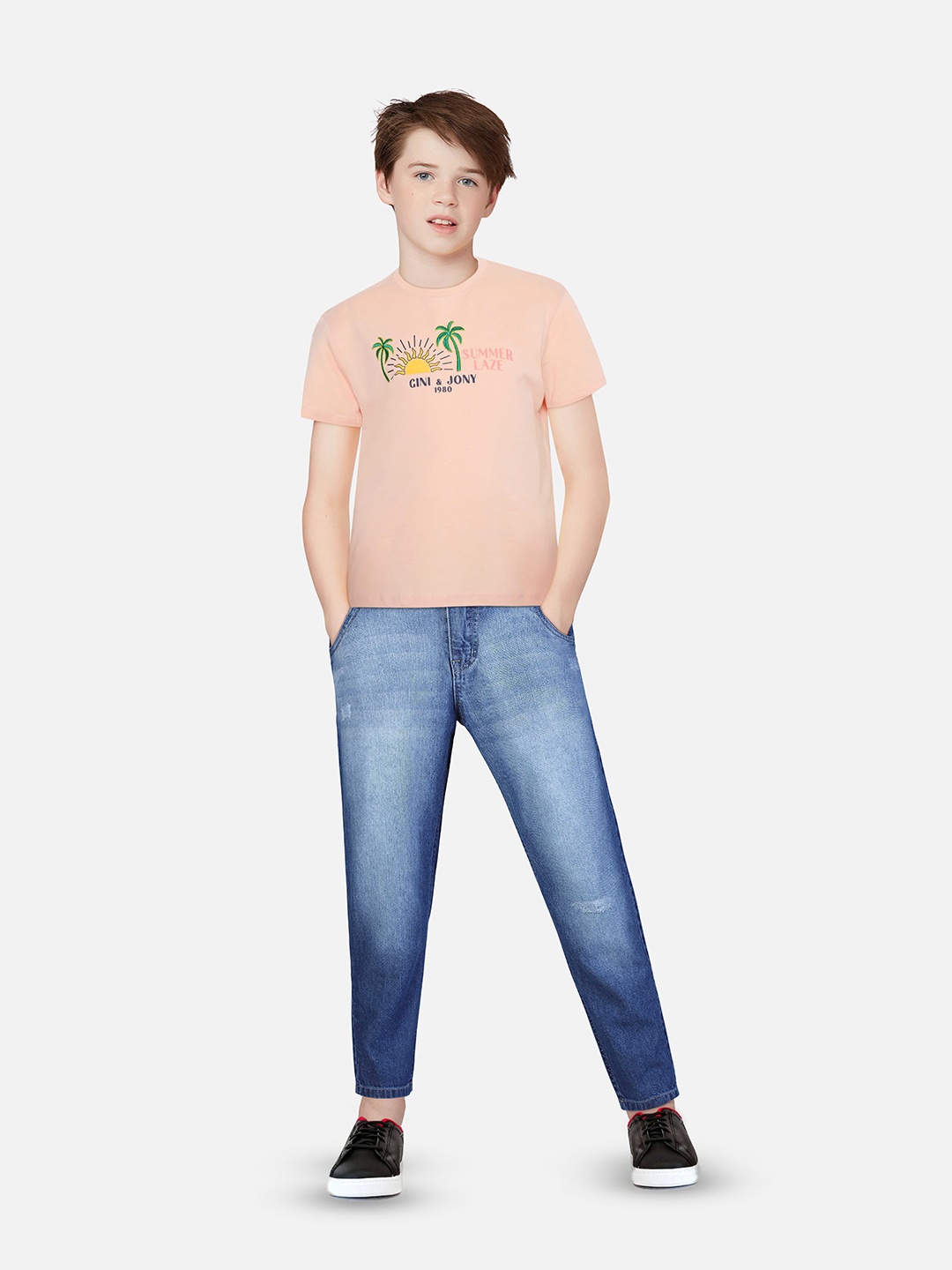 

Gini and Jony Boys Graphic Printed Cotton T-shirt, Peach