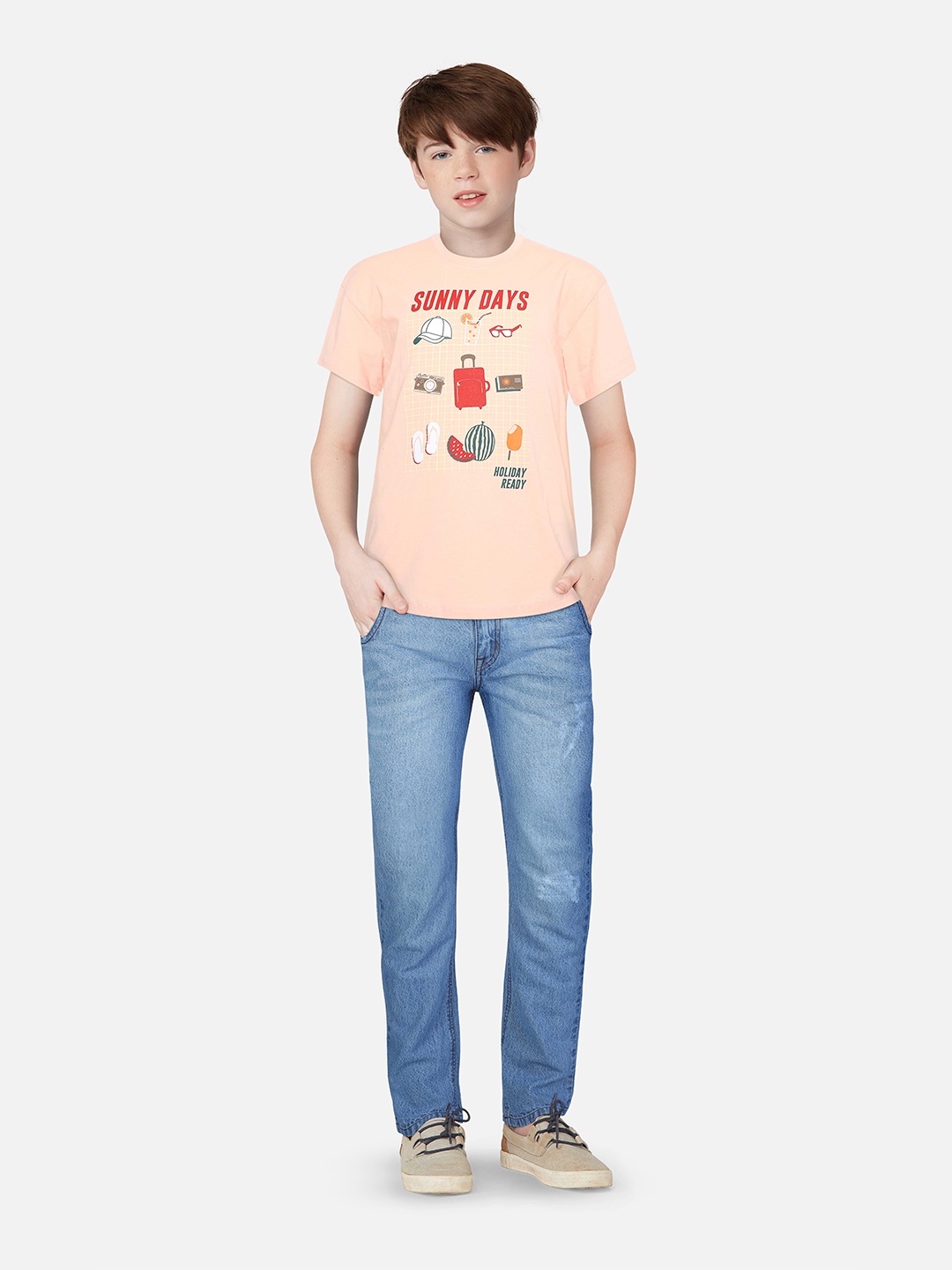 

Gini and Jony Boys Graphic Printed Cotton T-Shirt, Peach