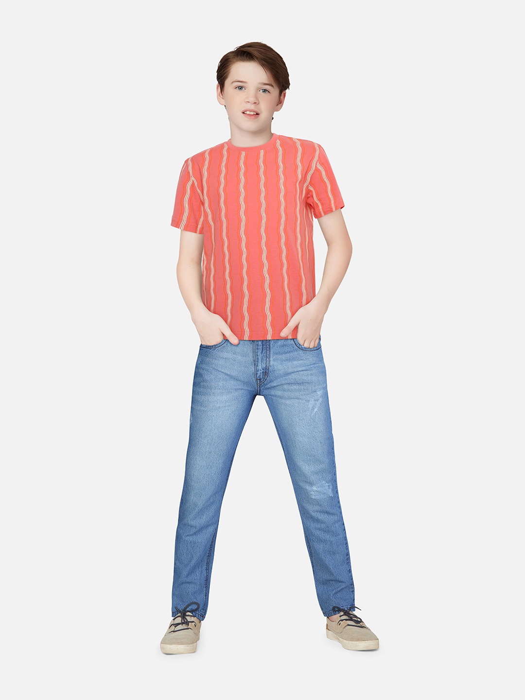 

Gini and Jony Boys Vertical Striped Cotton T-Shirt, Peach