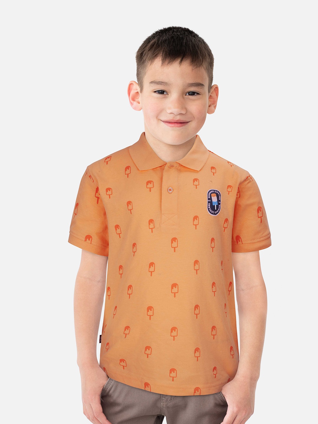 

Gini and Jony Boys Printed Polo Collar Pure Cotton T-shirt, Coral