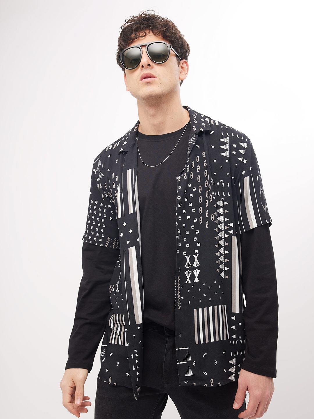 

DeFacto Abstract Printed Opaque Casual Shirt, Black