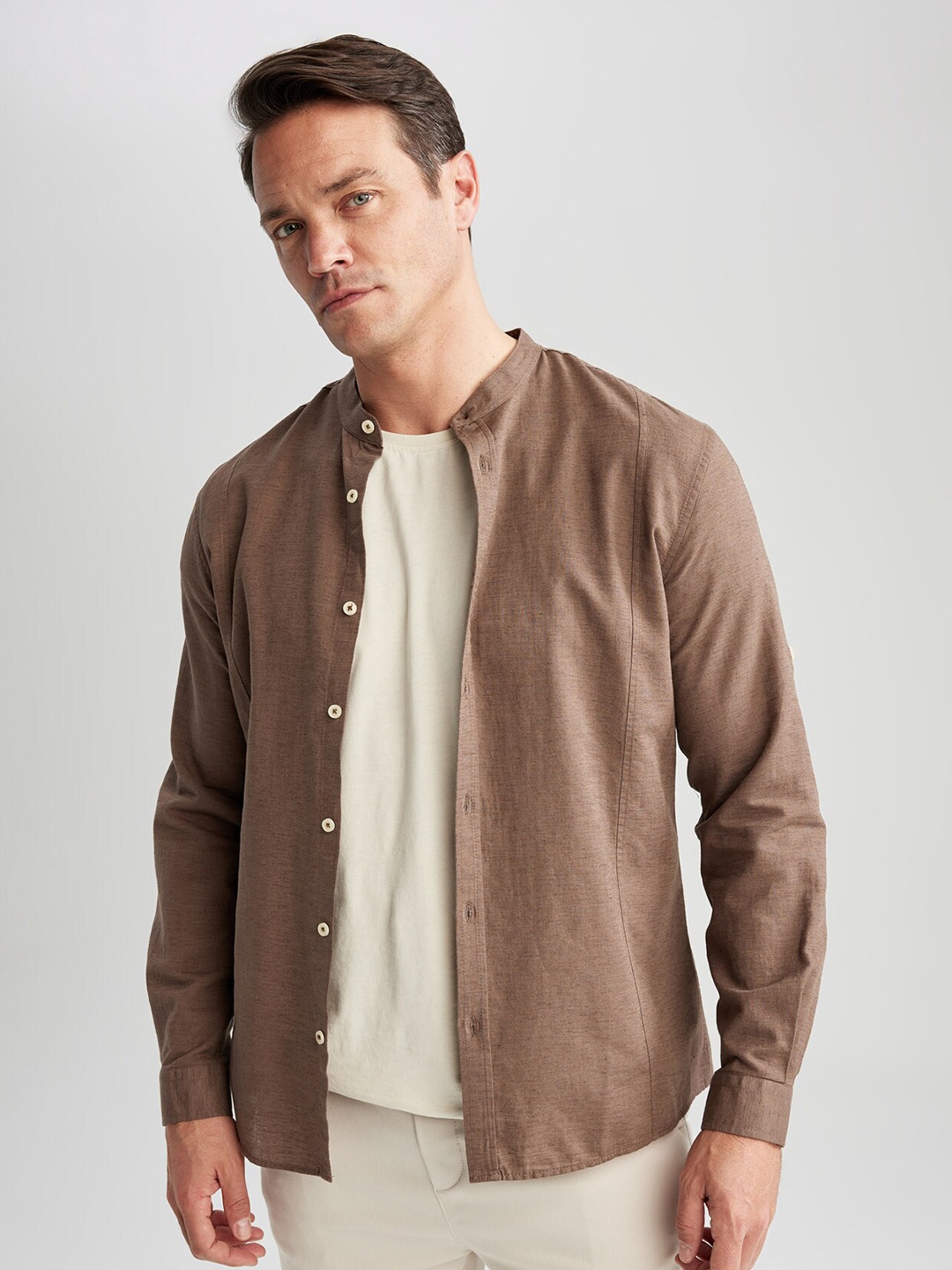 

DeFacto Opaque Mandarin Collar Cotton Linen Casual Shirt, Brown