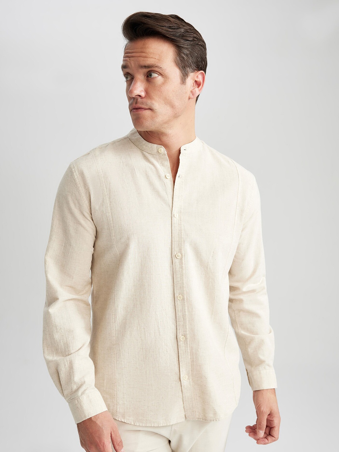 

DeFacto Opaque Mandarin Collar Cotton Linen Casual Shirt, Off white