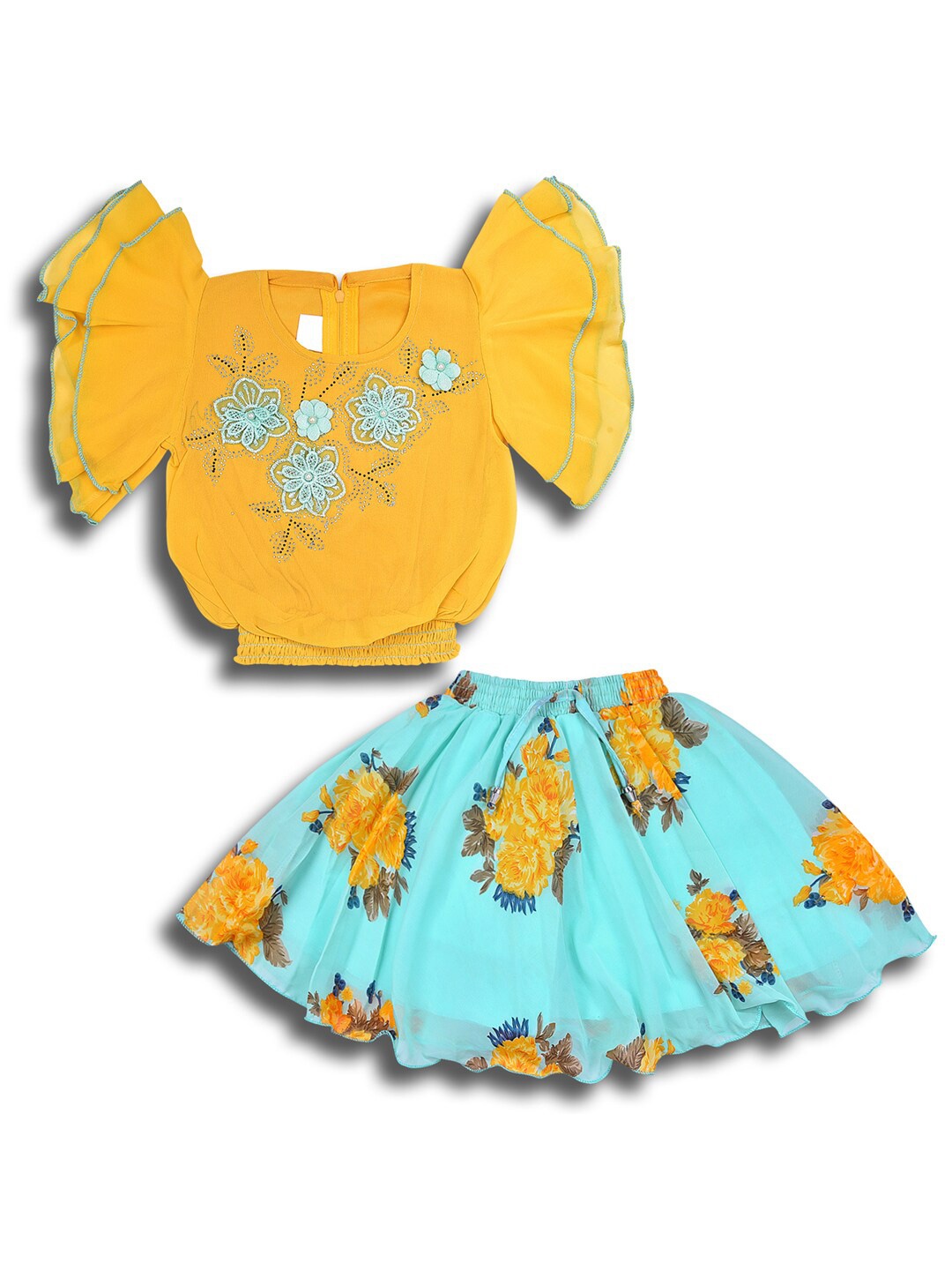 

Wish Karo Girls Embellished Flutter Sleeves Gathered Smocked Top with Skirt, Yellow