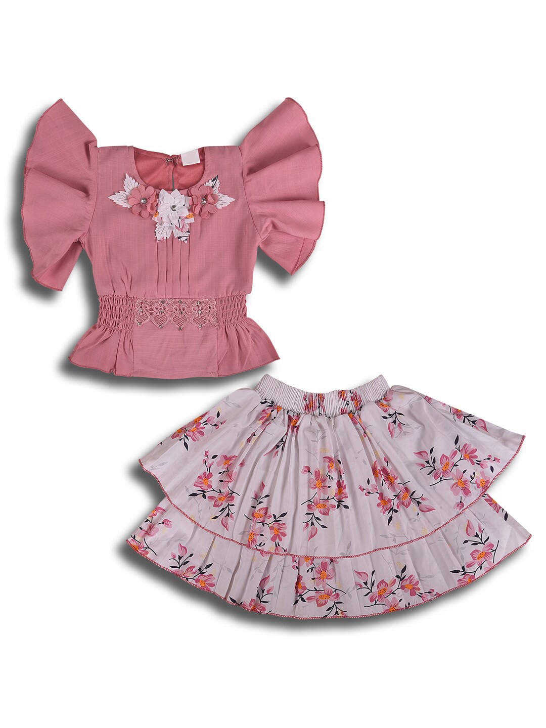 

Wish Karo Girls Embellished Flutter Sleeves Smocked Top with Skirt, Pink