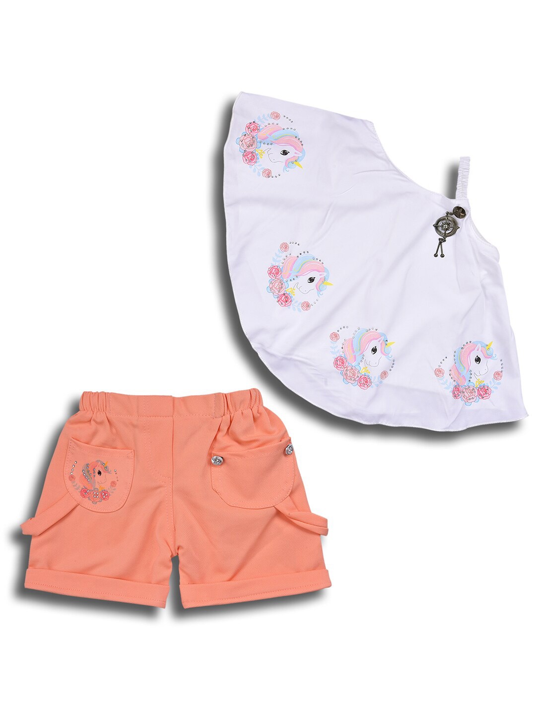 

Wish Karo Girls Printed Sequined A-Line Top with Shorts, Peach