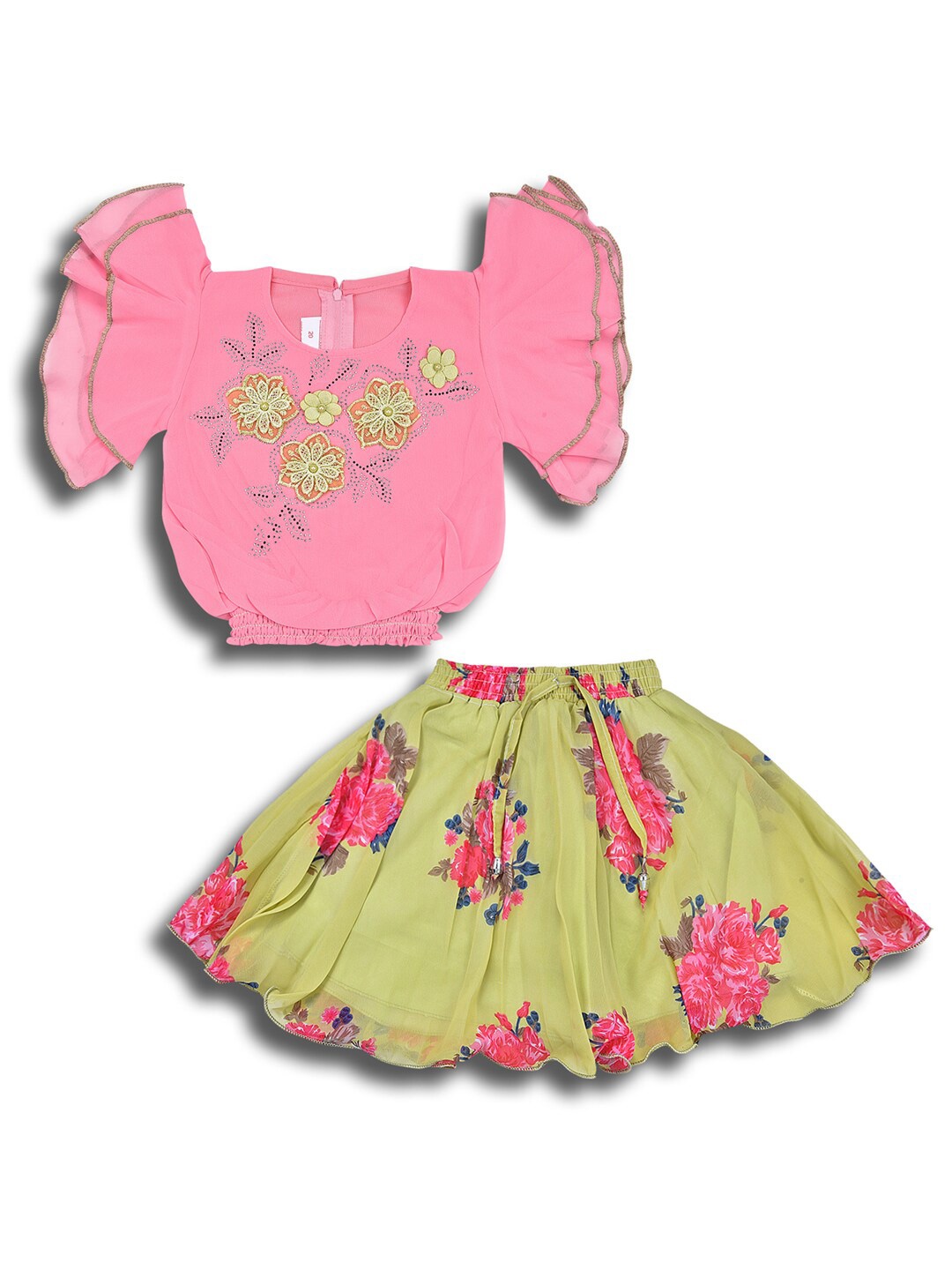 

Wish Karo Girls Embellished Flutter Sleeves Smocked Top with Skirt, Pink
