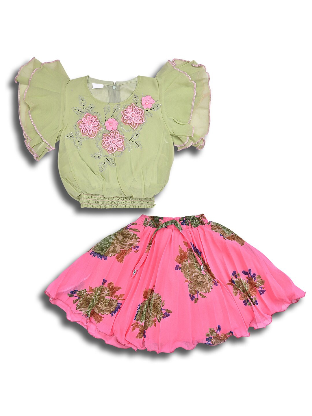 

Wish Karo Girls Embellished Flutter Sleeves Gathered Smocked Top with Skirt, Green