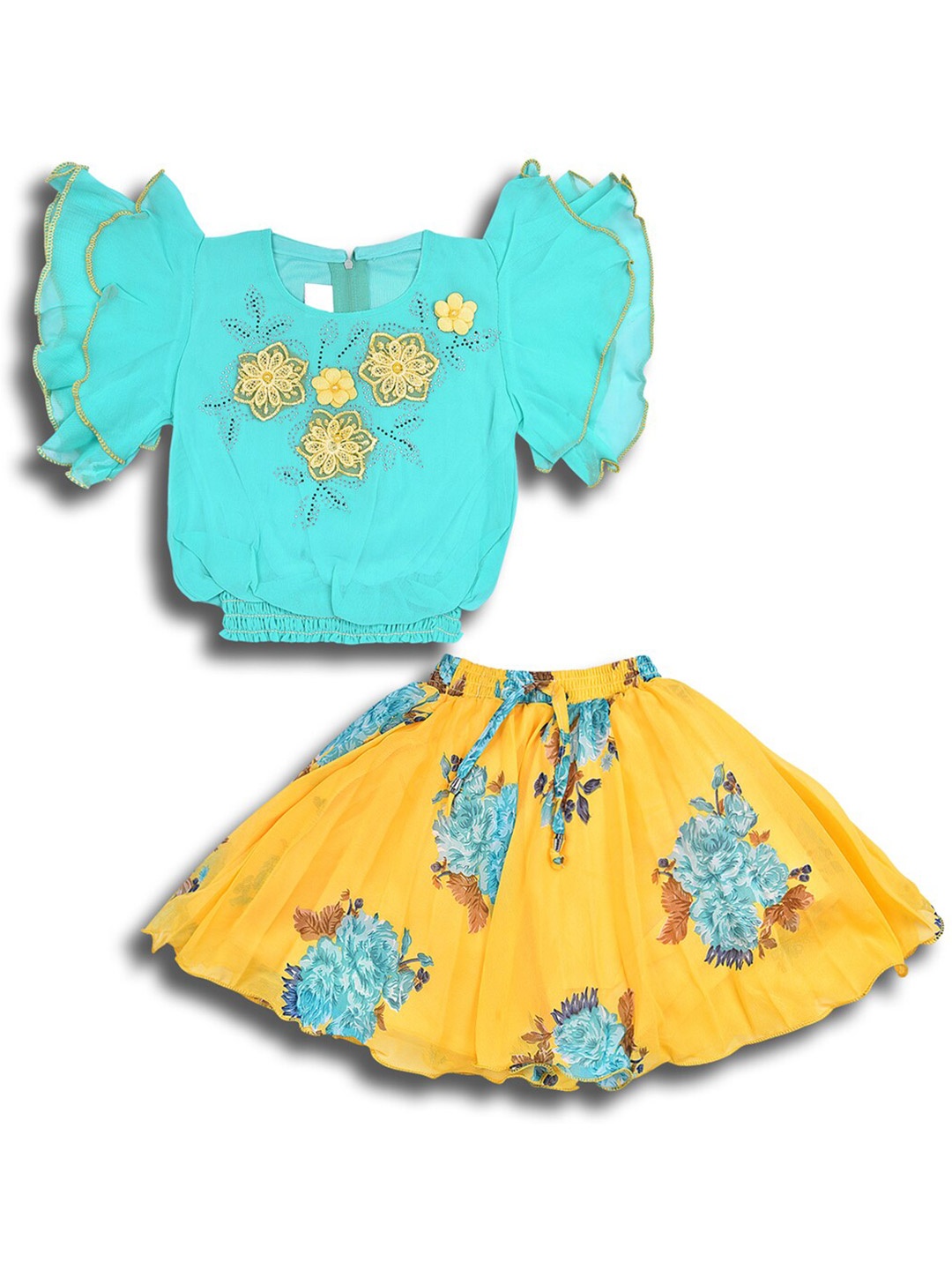 

Wish Karo Girls Embellished Flutter Sleeves Smocked Top with Skirt, Turquoise blue