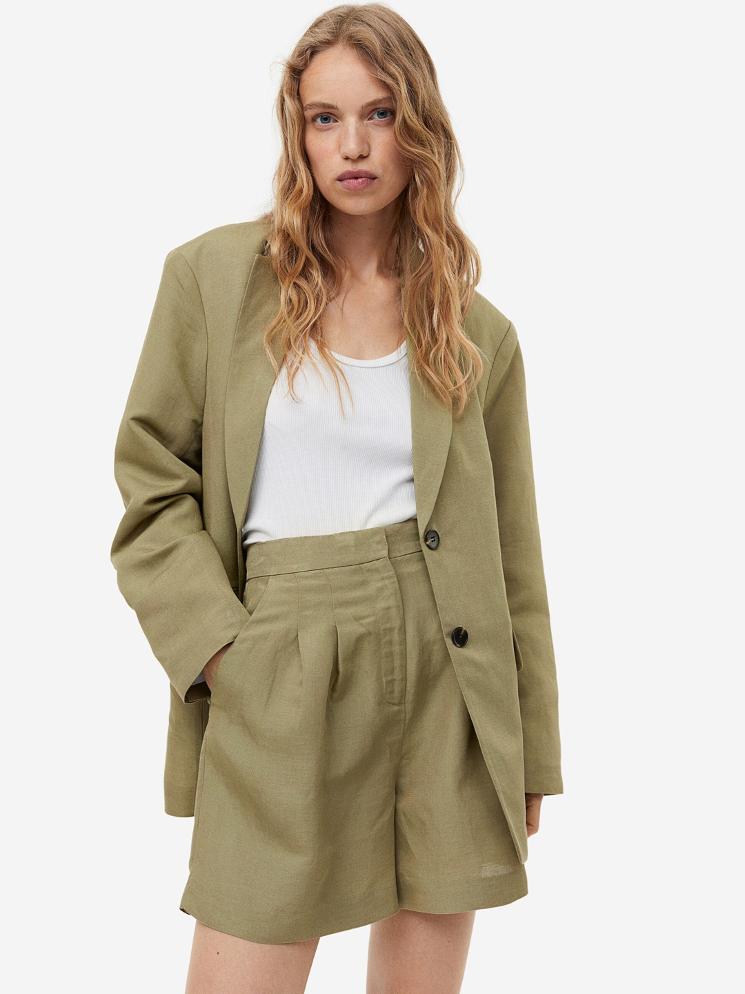 

H&M Women Linen-Blend Shorts, Green