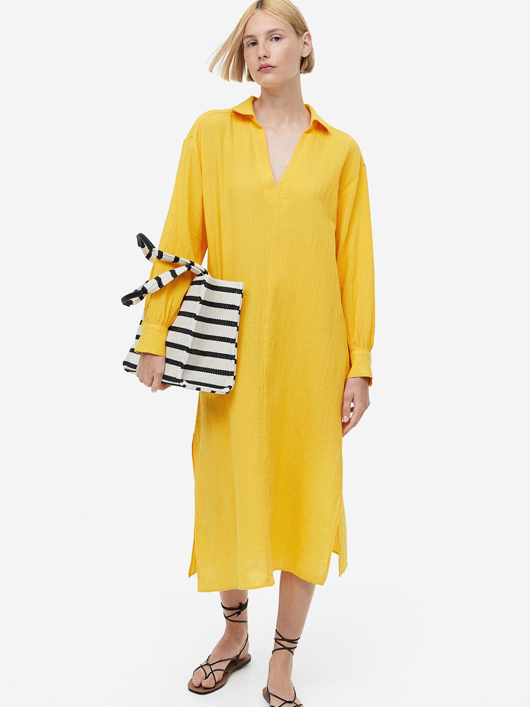 

H&M Cotton Linen Collared Dress, Yellow