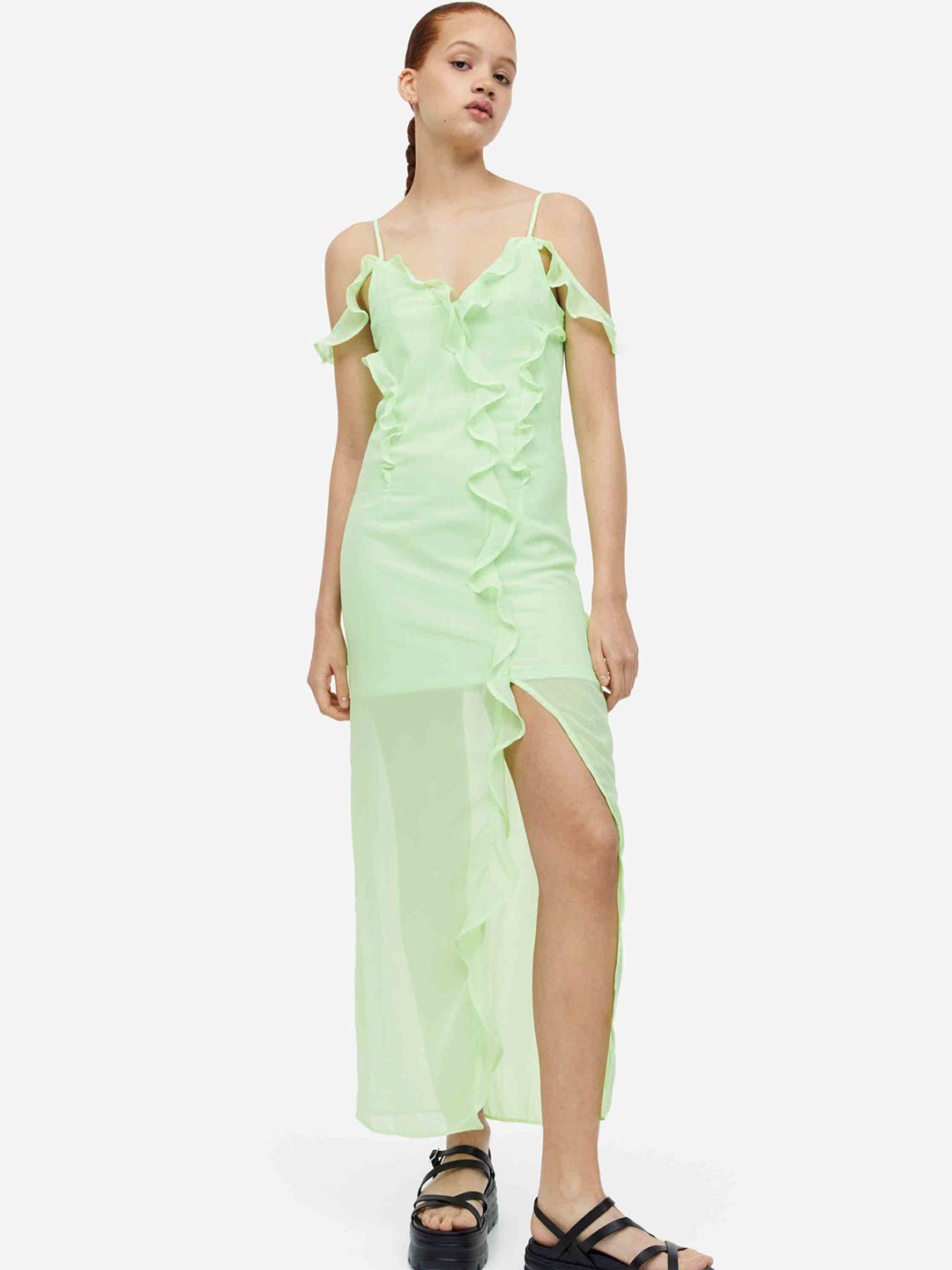 

H&M Flounce-Trimmed Chiffon Dress, Green