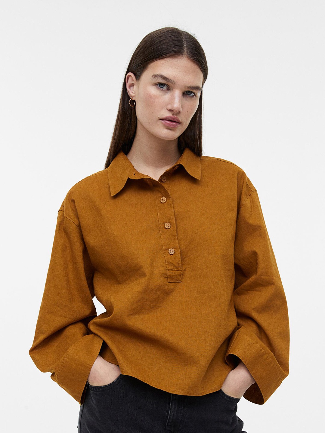 

H&M Women Linen-Blend Pop-Over Shirt, Brown