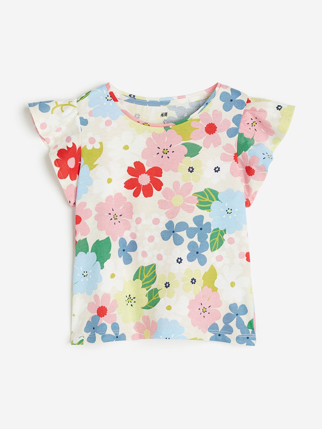 

H&M Girls Flutter-sleeved Cotton Jersey Top, White
