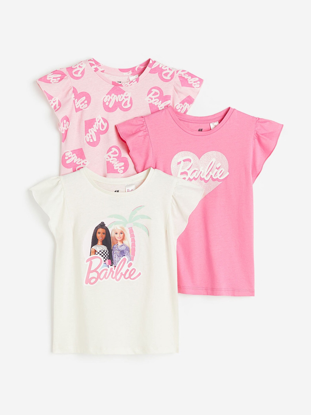 

H&M Girls 3-Pack Barbie Printed Flutter-Sleeved Tops, Pink