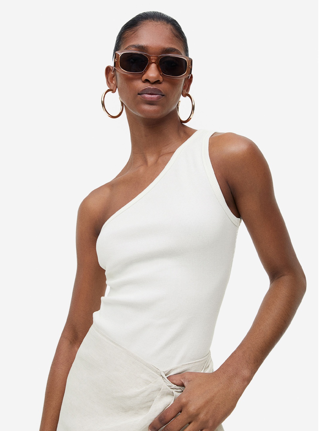 

H&M Ribbed One-Shoulder Top, White