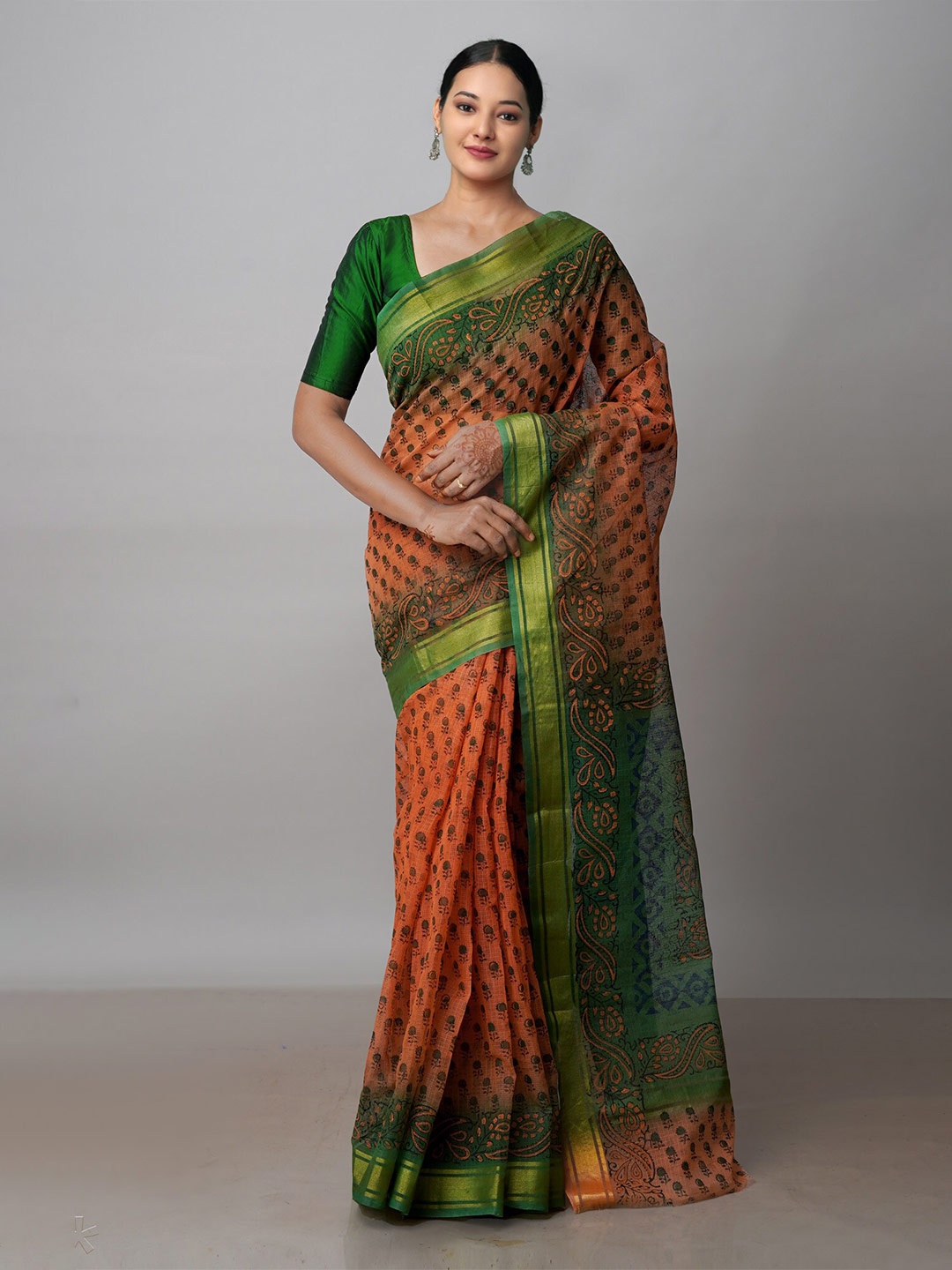 

Unnati Silks Ethnic Motifs Printed Zari Pure Cotton Kota Saree, Orange