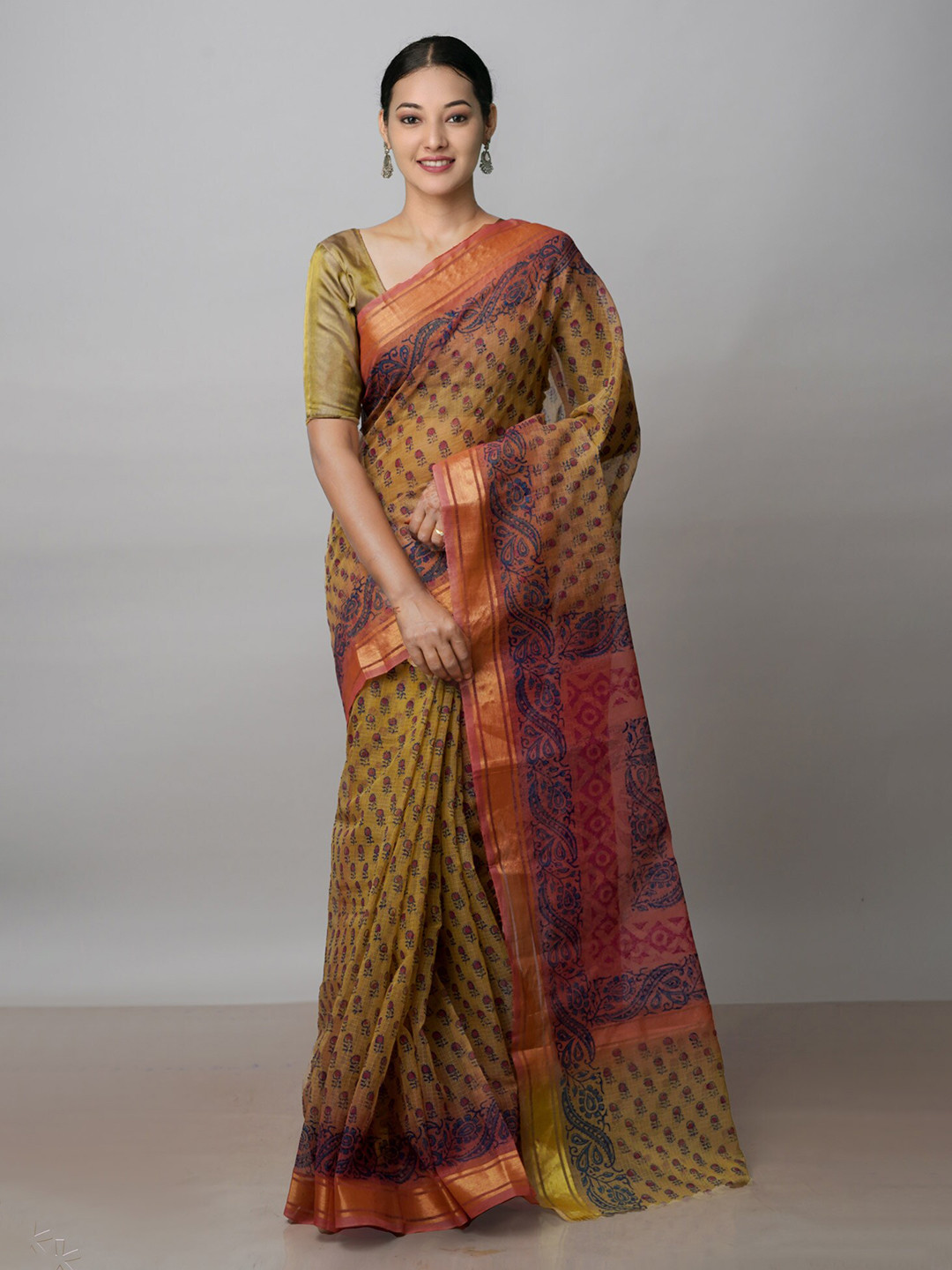 

Unnati Silks Ethnic Motifs Printed Zari Pure Cotton Kota Saree, Cream