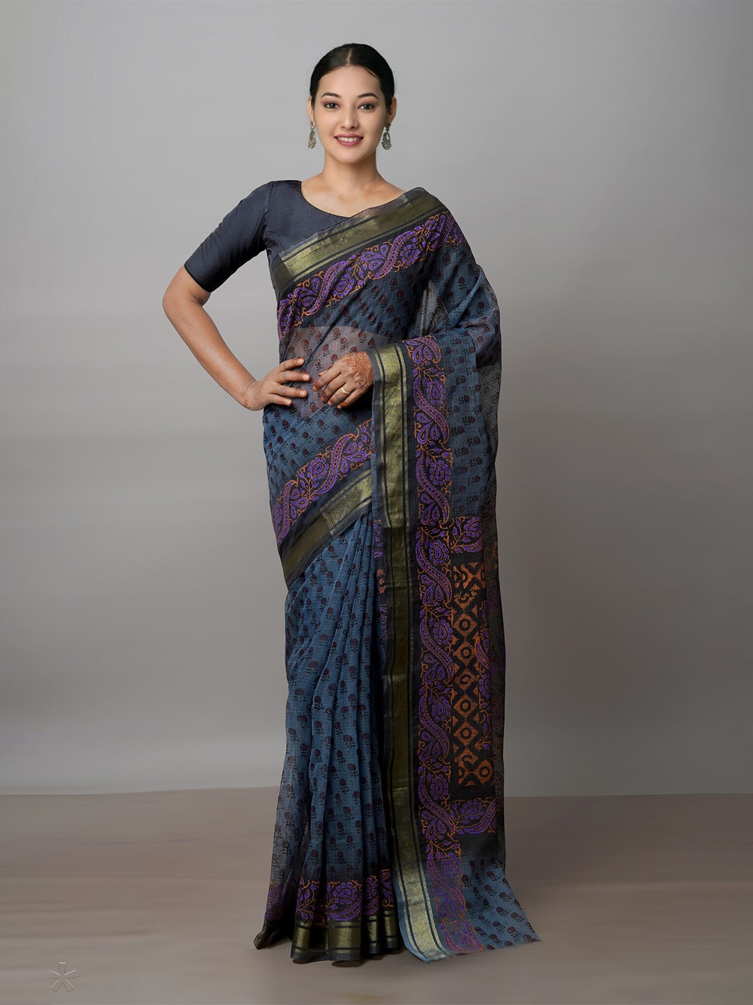 

Unnati Silks Ethnic Motifs Printed Zari Pure Cotton Kota Saree, Grey