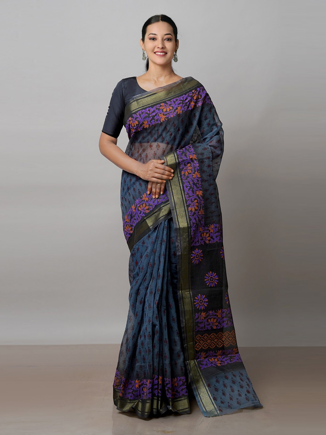 

Unnati Silks Ethnic Motifs Printed Zari Pure Cotton Kota Saree, Grey