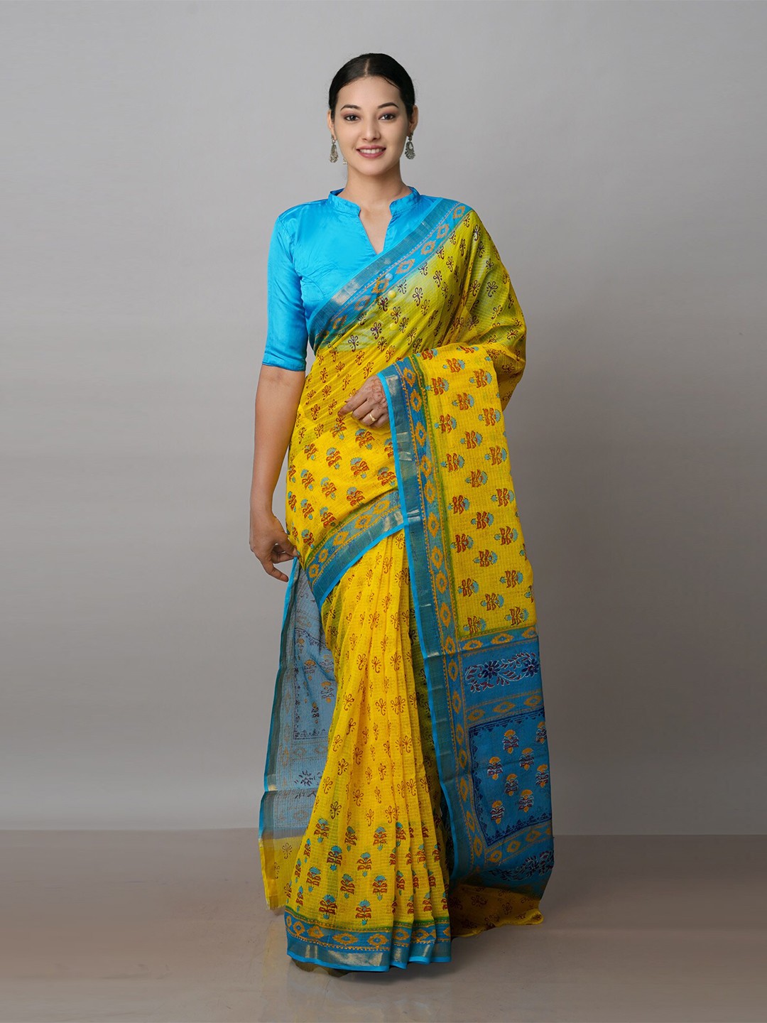 

Unnati Silks Floral Printed Zari Pure Cotton Kota Saree, Yellow