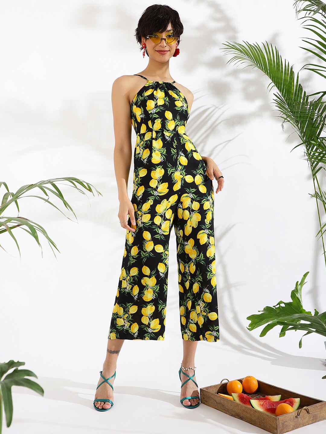 

KASSUALLY Black & Yellow Printed Basic Jumpsuit
