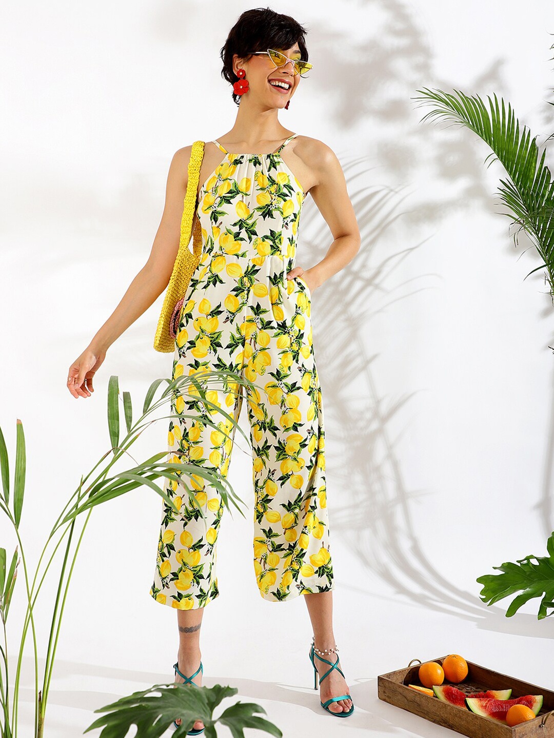 

KASSUALLY White & Yellow Printed Basic Jumpsuit