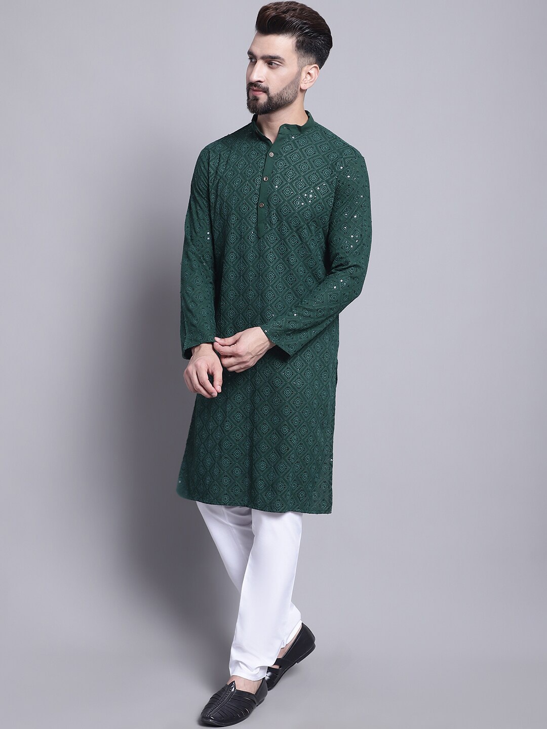 

SOJANYA Ethnic Motifs Embroidered Sequinned Pure Cotton Kurta with Churidar, Green
